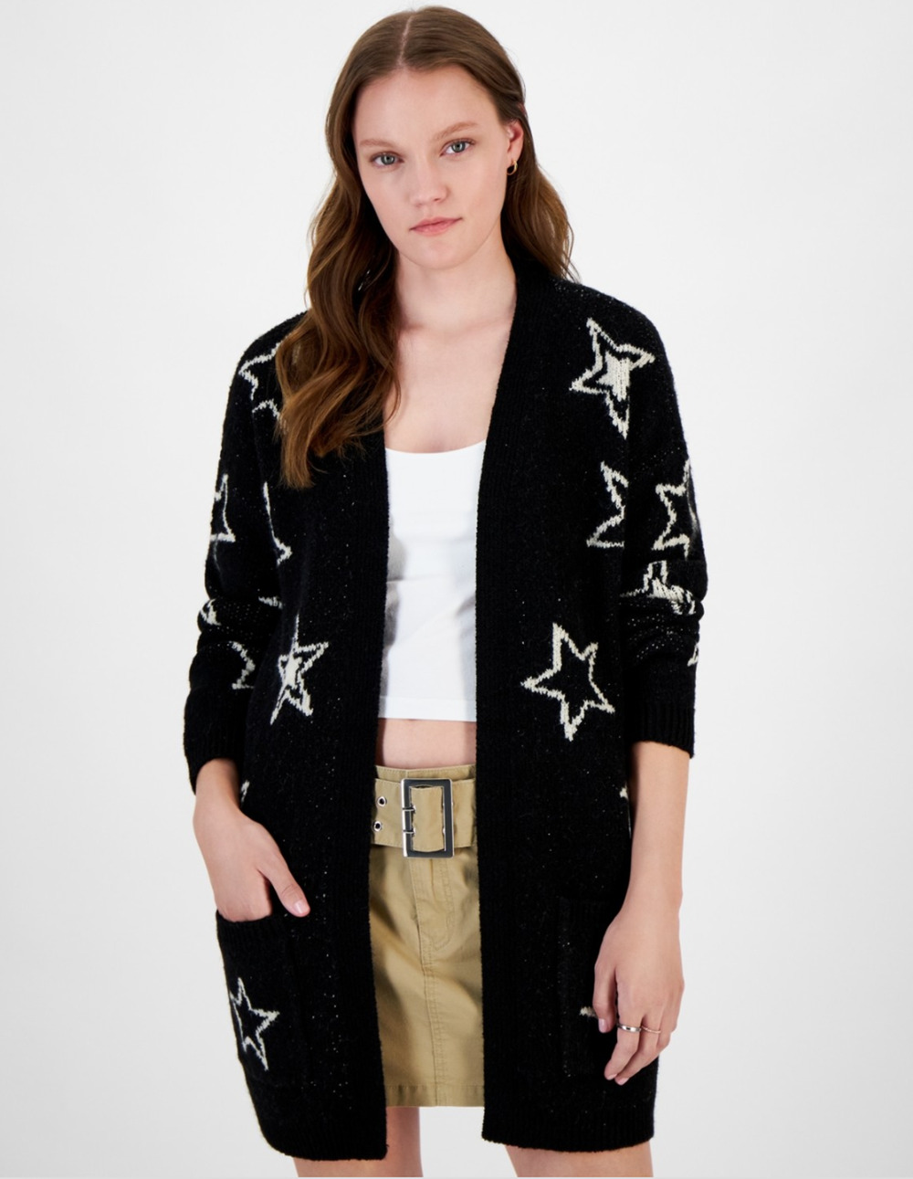 Hippie Rose Juniors Open Front Long Cardigan Black Star Size L